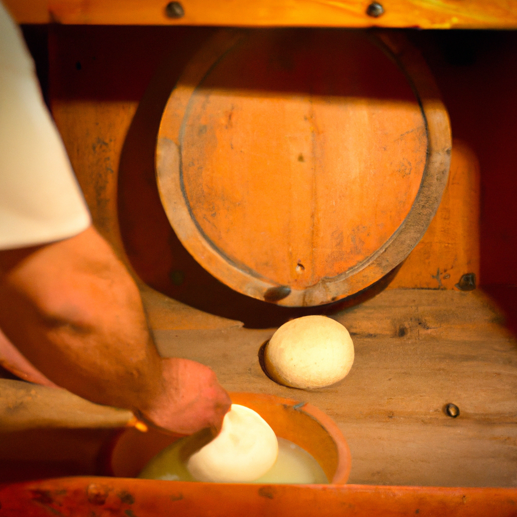 Fromager façonnant une mozzarella filante dans une cuisine rustique, gros plan détaillé